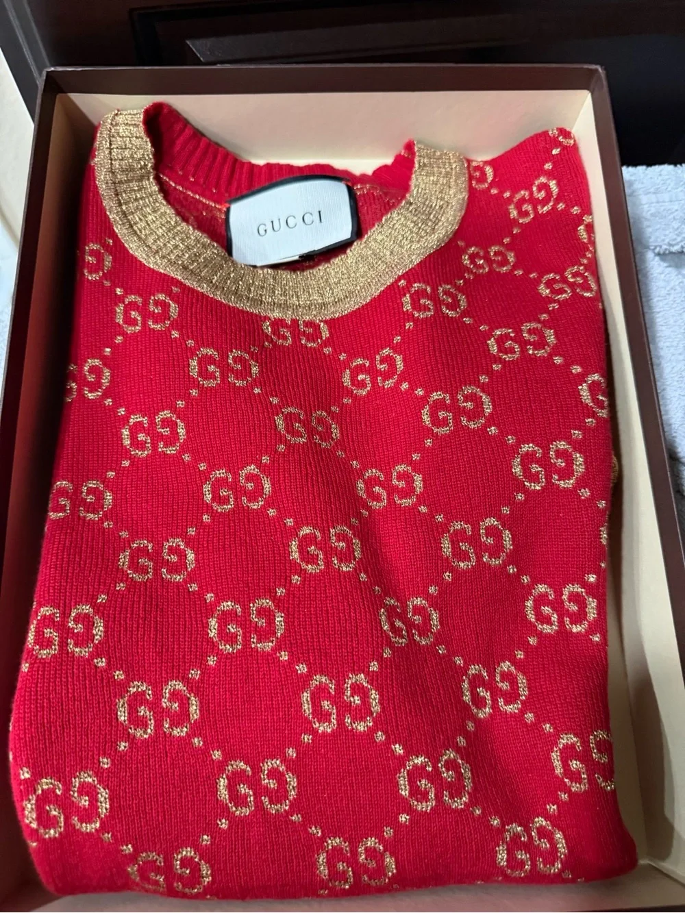 Gucci Red Short-Sleeve GG Knit Sweater with Gold Trim